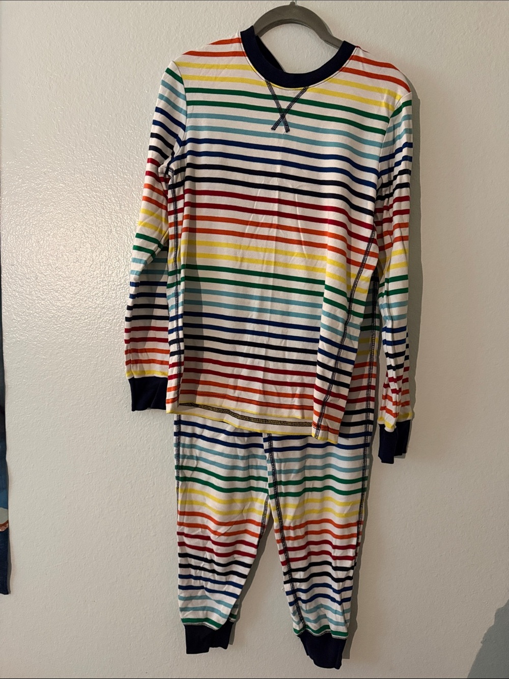 Primary Rainbow Stripe Long-Sleeve Pajama Set with Navy Trim
